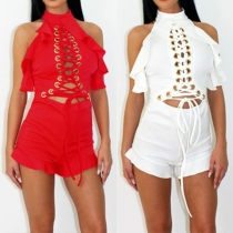 Sexy Backless Hollow Out Lace-up Ruffle Romper