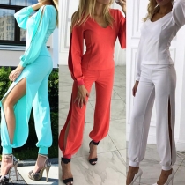 Sexy Slit Long Sleeve V-neck Top + High Waist Slit Pants Two-piece Set 
