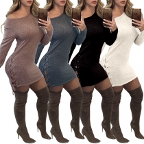 Fashion Solid Color Long Sleeve Lace-up Hem Slim Fit Dress