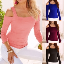 Sexy Off-shoulder Long Sleeve Solid Color Slim Fit T-shirt 