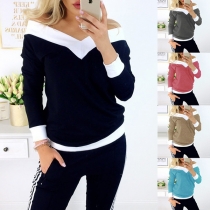 Fashion Contrast Color Long Sleeve V-neck T-shirt 