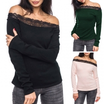 Sexy Lace Spliced Boat Neck Long Sleeve Slim Fit T-shirt 