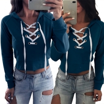 Sexy Lace-up V-neck Long Sleeve Solid Color Hoodie