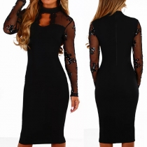 Sexy See-through Gauze Spliced Long Sleeve Solid Color Tight Dress