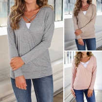 Fashion Crossover V-neck Long Sleeve Solid Color T-shirt 