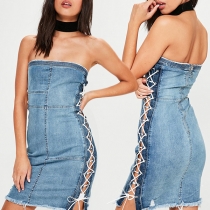 Sexy Strapless Side Lace-up Slim Fit Denim Dress