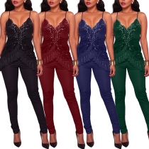 Sexy Backless Deep V-neck Tassel Sequin Spliced Sling Jumpsuit 