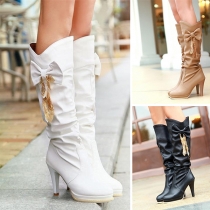 Fashion High-heeled Round Toe Bowknot Knee-length Boots