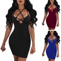 Sexy Backless Hollow Out Crossover Lace-up Tight Dress