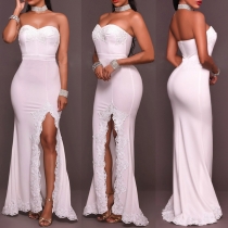Sexy Strapless High Waist Slit Hem Solid Color Evening Dress
