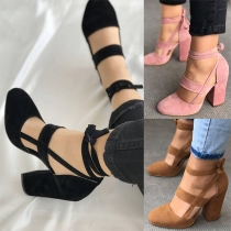 Sexy Solid Color Round Toe Thick High-heeled Lace-up Sandals