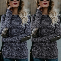 Fashion Round-neck Solid Color Long Sleeve with Paillette Pattern Shirt
