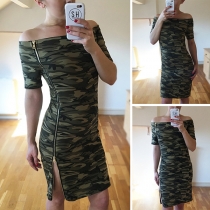 Sexy Boat-neck Slim Fit Short Sleeve Slit Hem Zipper Camouflage Dress