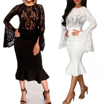 Sexy Lace Spliced Embroidered Long Trumpet Sleeve Shirt + Fishtail Ruched Dress Two-piece Set