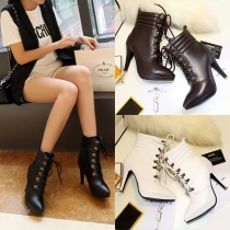 Fashion Soloid Color Pointed Toe High-heeled Lace-up Matin Boots