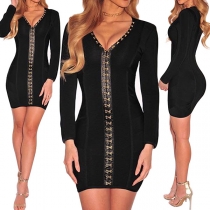 Sexy Deep V-neck Long Sleeve Solid Color Bodycon Dress
