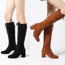 Fashion Round Toe Lace-up Thick High-heeled Tall Boots