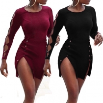 Elegant Solid Color Long Sleeve Slit Hem Metal Button Tight Dress