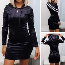Fashion Solid Color Long Sleeve Slim Fit Striped Hooded Over-hip Dress