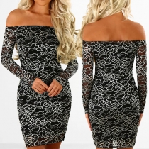 Sexy Off-shoulder Boat Neck Long Sleeve Slim Fit Lace Dress