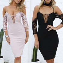 Sexy Off-shoulder Lace Spliced Half Sleeve High Waist Sling Dress
