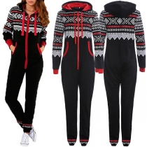 Fashion Printed Long Sleeve Hooded Jumpsuit