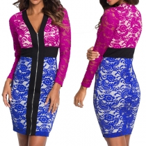 Sexy V-neck Long Sleeve High Waist Contrast Color Slim Fit Lace Dress
