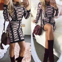 Fashion Long Sleeve Round Neck High Waist Slim Fit Grid Dress
