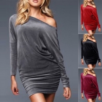 Sexy Oblique Shoulder Long Sleeve Slim Fit Solid Color Dress