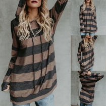 Fashion Long Sleeve Hooded  Striped T-shirt 