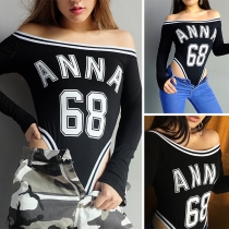 Sexy Boat-neck Long Sleeve Letter Printed Slim-fit Lingerie Jumpsuit