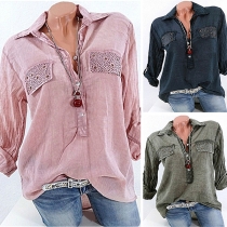 Fashion Solid Color Long Sleeve POLO Collar Loose Blouse