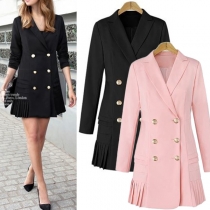 Fashion Lapel Long Sleeve Solid Color Double-breasted Slit Hemline Dress