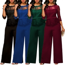 Sexy Lace Spliced 3/4 Sleeve High Waist Solid Color Jumpsuit