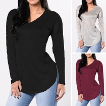 Fashion Solid Color Long Sleeve V-neck Arc Hem T-shirt