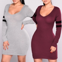 Fashion Contrast Color Long Sleeve V-neck Tight Dress
