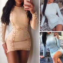 Sexy Long Sleeve Round Neck High Waist Lace-up Tight Dress