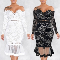 Sexy Off-shoulder Boat Neck Long Sleeve Fishtail Hem Lace Party Dress