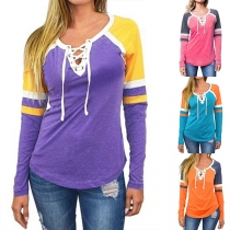 Fashion Contrast Color Long Sleeve Lace-up V-neck T-shirt 