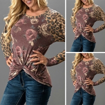 Fashion Leopard Print Spliced Long Sleeve Twisted Hem T-shirt 