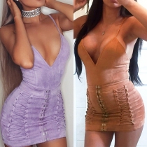 Sexy Backless Deep V-neck Solid Color Lace-up Slim Fit Sling Dress