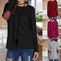 Fashion Solid Color Long Sleeve Round Neck Back-button T-shirt 