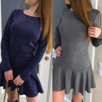 Fashion Solid Color Long Sleeve Round Neck Ruffle Hem Dress