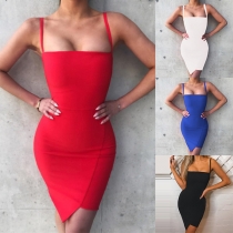 Sexy Backless Irregular Hem Solid Color Slim Fit Sling Dress