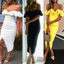 Sexy Ruffle Boat Neck High Waist Slit Hem Solid Color Party Dress