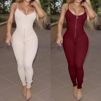 Sexy Backless High Waist Solid Color Slim Fit Sling Jumpsuit 