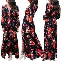 Sexy Deep V-neck Slit Hem Long Sleeve High Waist Printed Dress