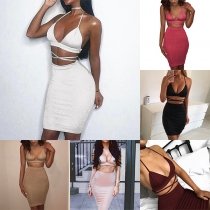 Sexy Backless Deep V-neck Crop Top + High Waist Skirt Two-piece Set