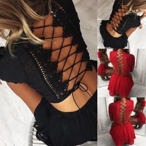 Sexy Backless Short Sleeve Crop Top + High Waist Shorts Two-piece Set