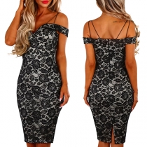 Sexy Off-shoulder Slit Hem Slim Fit Lace Dress